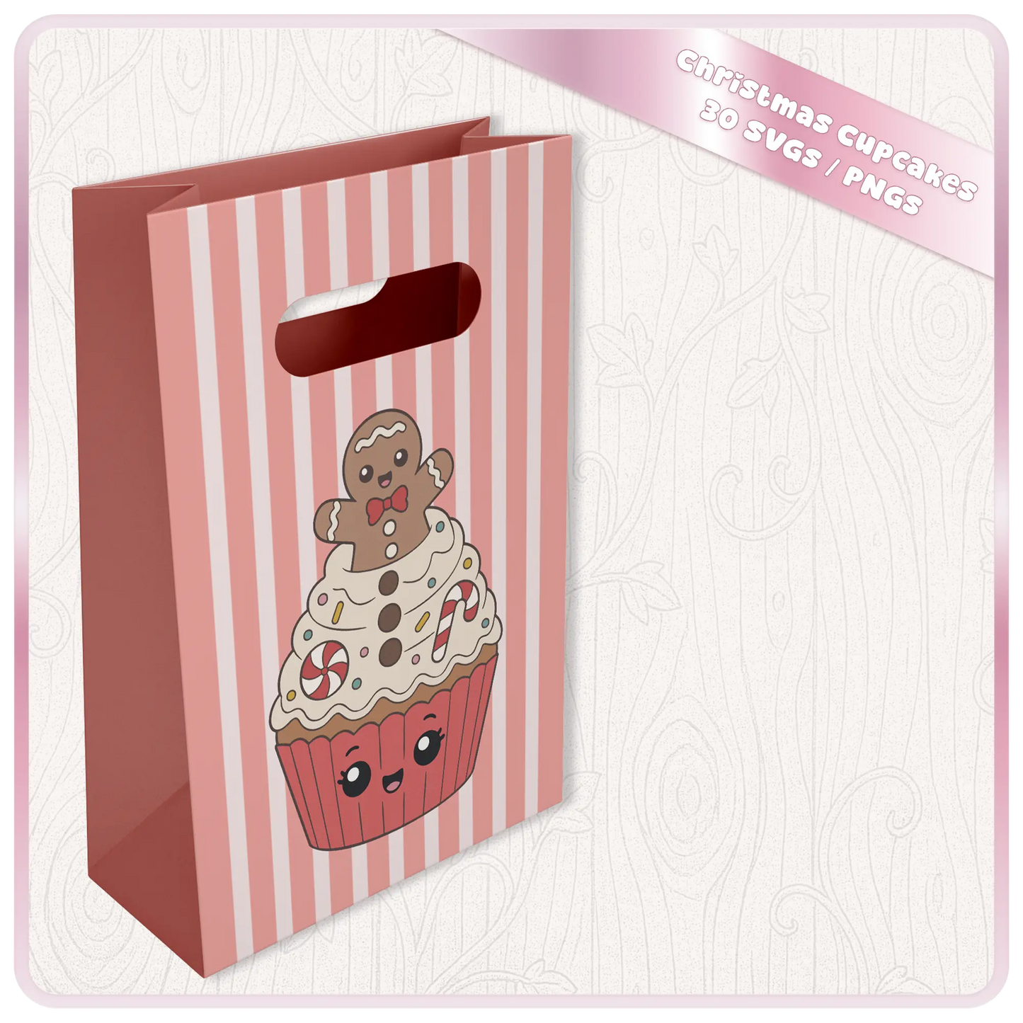 Christmas Cupcakes SVG and PNG mockup showing cute gingerbread cupcake artwork printed on a pink striped holiday gift bag.
