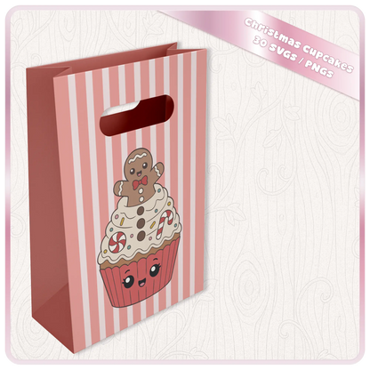 Christmas Cupcakes SVG and PNG mockup showing cute gingerbread cupcake artwork printed on a pink striped holiday gift bag.