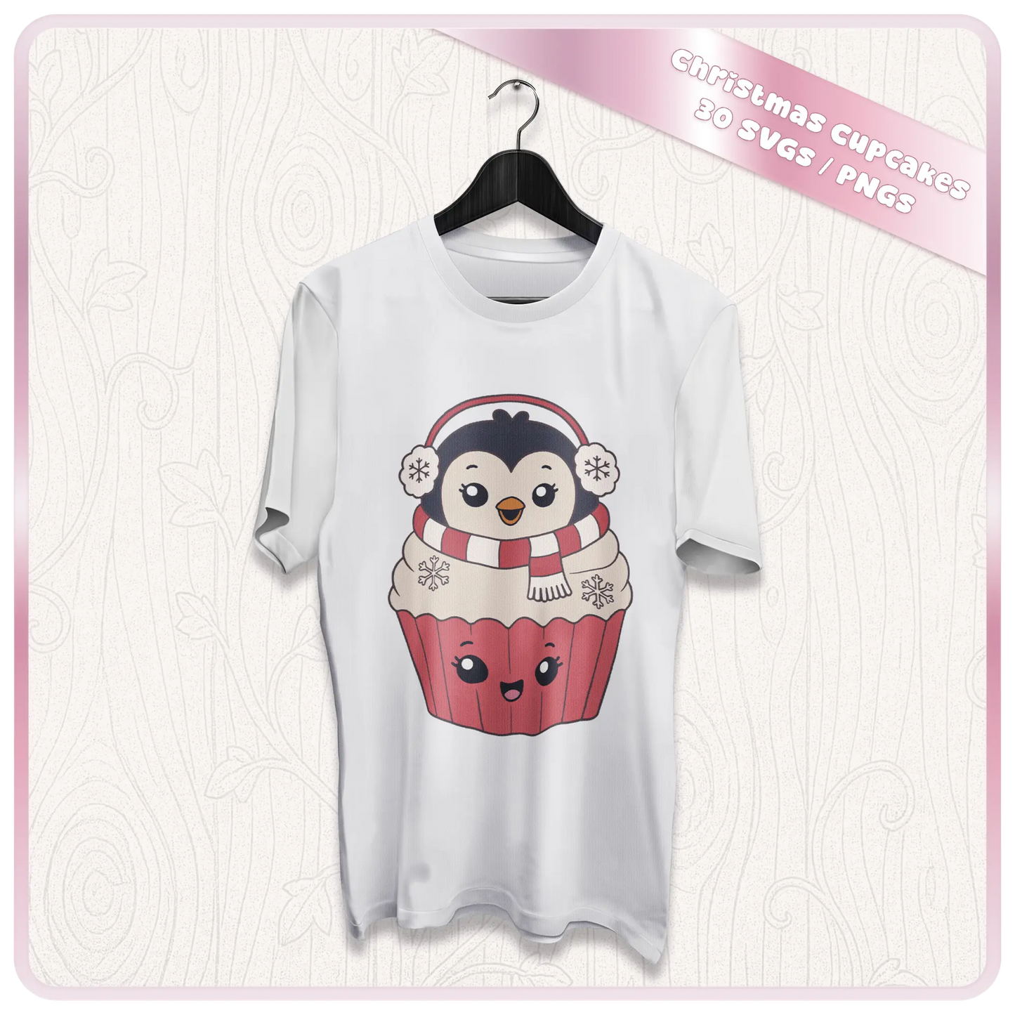 Christmas cupcake clipart mockup showing cute penguin cupcake design printed on a white t-shirt for holiday apparel and sublimation projects.