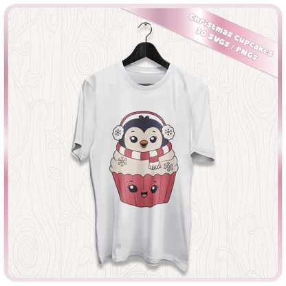 Christmas cupcake clipart mockup showing cute penguin cupcake design printed on a white t-shirt for holiday apparel and sublimation projects.