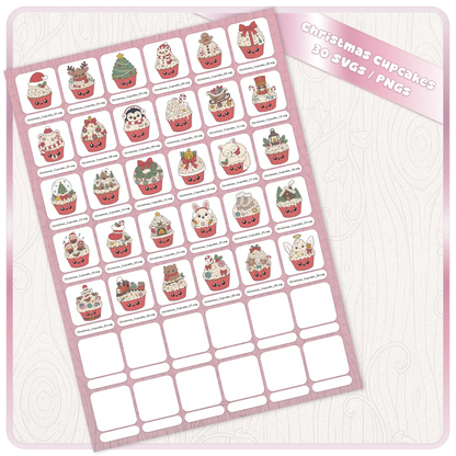 Christmas Cupcakes SVG and PNG bundle preview showing 30 cute holiday cupcake clipart files arranged on a digital download sheet.