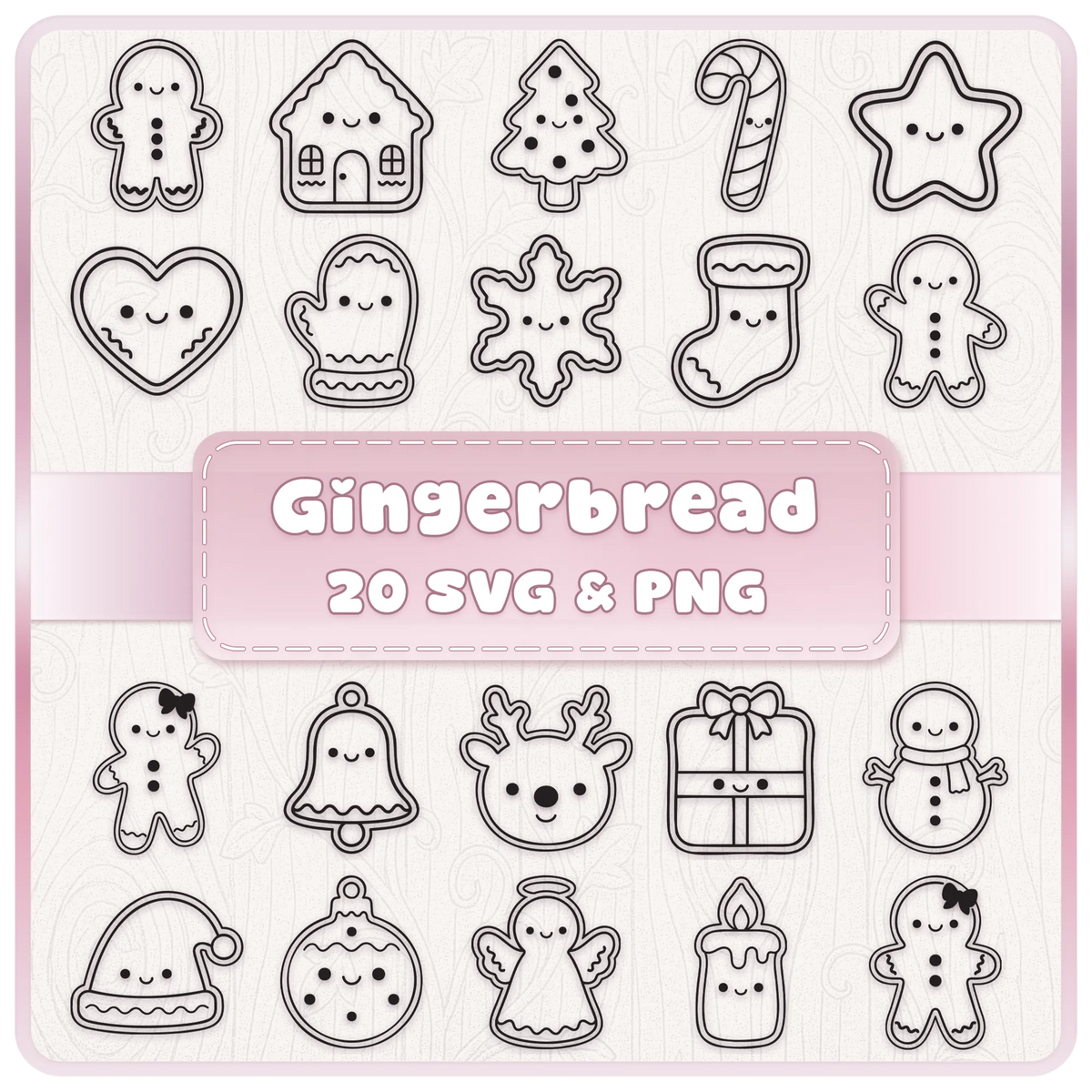 20 cute Christmas gingerbread cookie line art SVG and PNG designs featuring gingerbread men, stars, trees, snowmen and festive clipart.