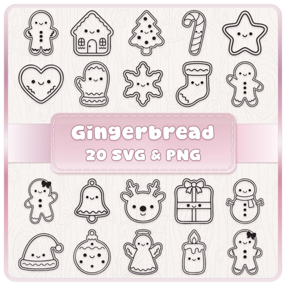 20 cute Christmas gingerbread cookie line art SVG and PNG designs featuring gingerbread men, stars, trees, snowmen and festive clipart.