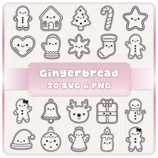 20 cute Christmas gingerbread cookie line art SVG and PNG designs featuring gingerbread men, stars, trees, snowmen and festive clipart.