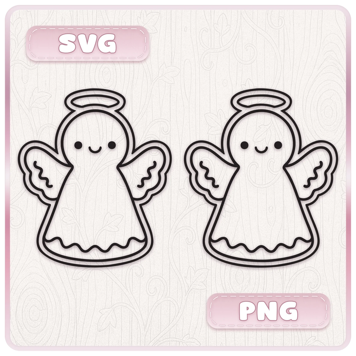 Cute Christmas angel cookie line art shown in SVG and PNG formats with smiling face, wings and halo for festive craft projects.