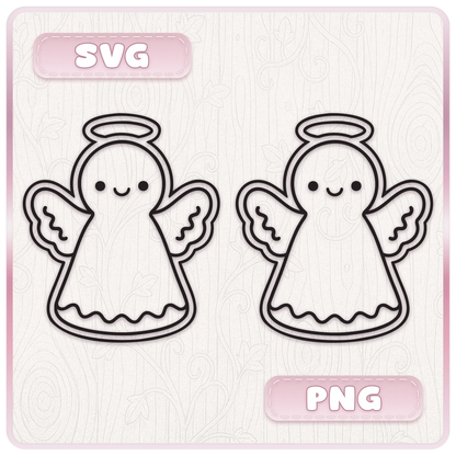 Cute Christmas angel cookie line art shown in SVG and PNG formats with smiling face, wings and halo for festive craft projects.