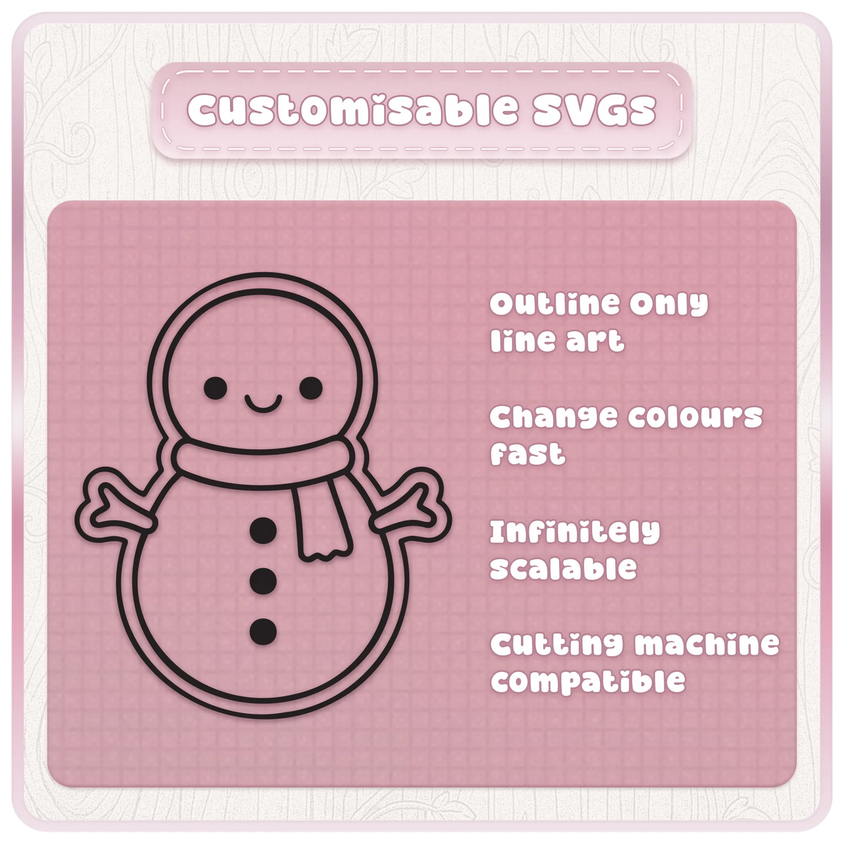 Customisable Christmas snowman SVG line art with editable outline colours, scalable vector design and cutting machine compatibility.