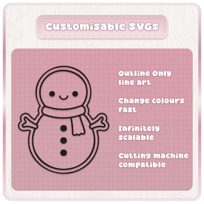 Customisable Christmas snowman SVG line art with editable outline colours, scalable vector design and cutting machine compatibility.