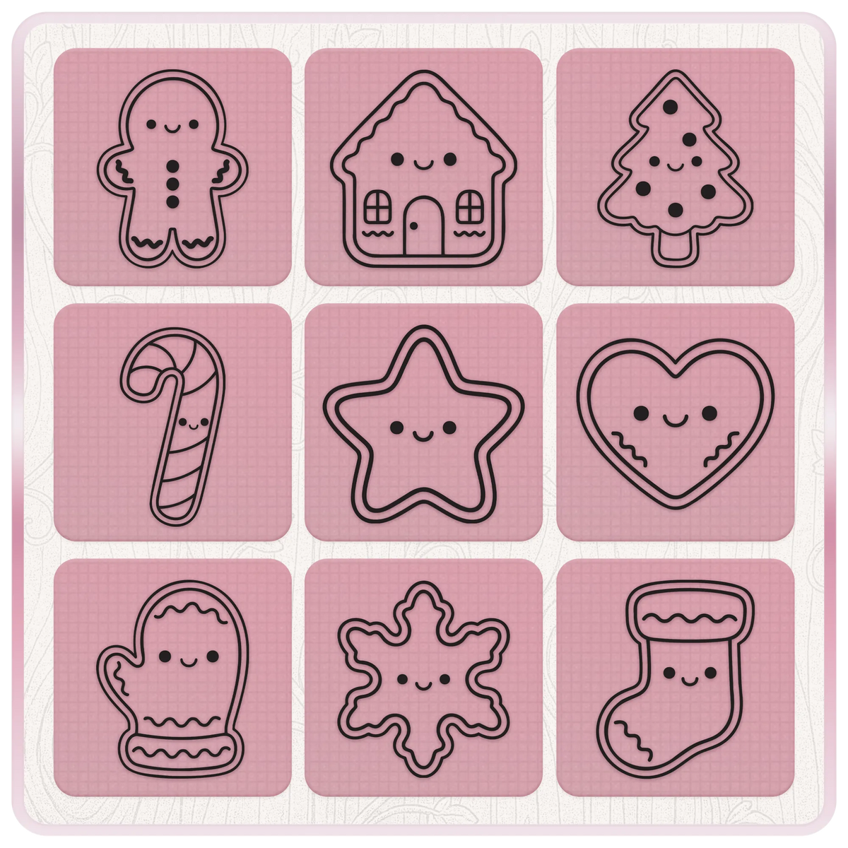 Christmas cookie SVG line art featuring gingerbread man, house, tree, candy cane, star, heart, mitten, snowflake and stocking.
