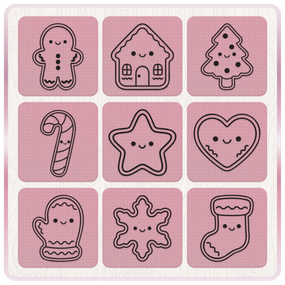 Christmas cookie SVG line art featuring gingerbread man, house, tree, candy cane, star, heart, mitten, snowflake and stocking.