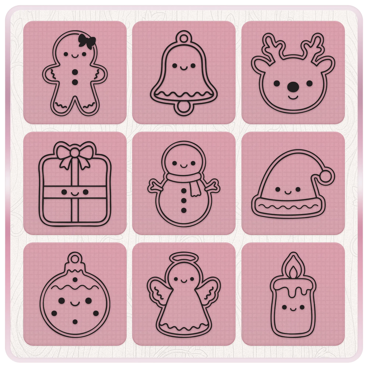 Cute Christmas SVG and PNG clipart designs featuring gingerbread girl, bell, reindeer, present, snowman, Santa hat, bauble, angel and candle.
