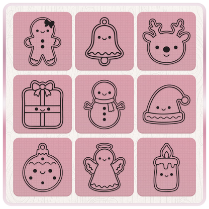 Cute Christmas SVG and PNG clipart designs featuring gingerbread girl, bell, reindeer, present, snowman, Santa hat, bauble, angel and candle.