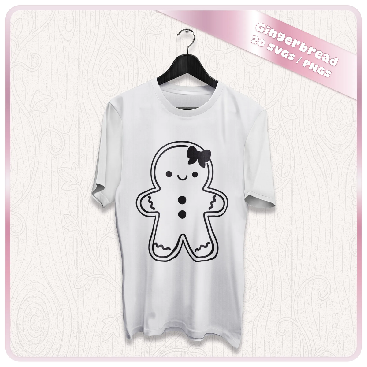 White Christmas T-shirt mockup featuring a cute gingerbread girl SVG line art design with bow, demonstrating festive apparel use.