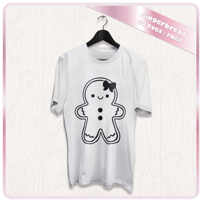 White Christmas T-shirt mockup featuring a cute gingerbread girl SVG line art design with bow, demonstrating festive apparel use.