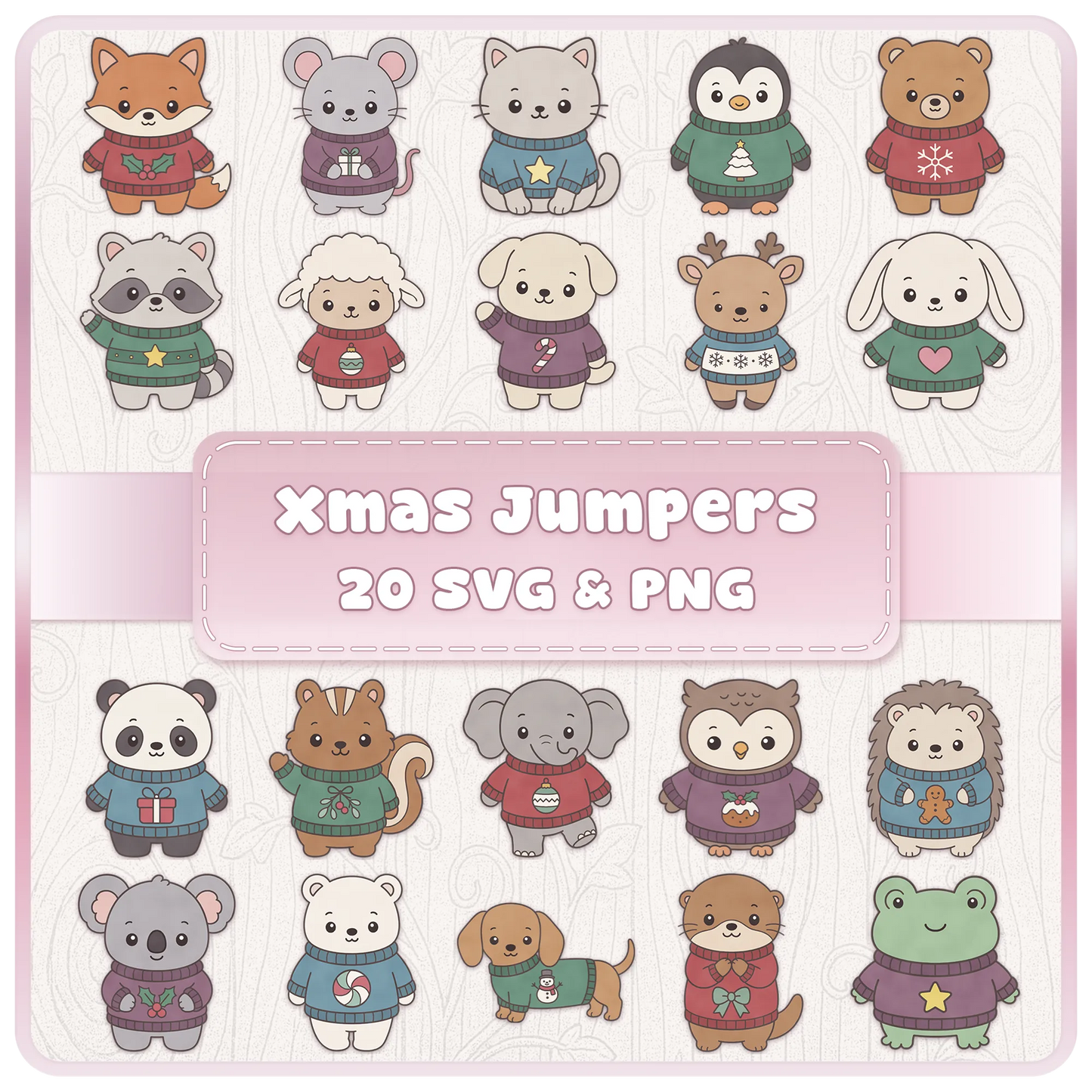 Kawaii Christmas animals SVG and PNG bundle featuring 20 cute festive animals wearing Christmas jumpers including fox, bear, penguin, panda, dog, reindeer, frog and woodland animals.