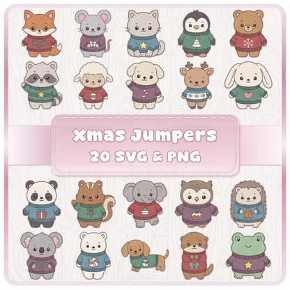 Kawaii Christmas animals SVG and PNG bundle featuring 20 cute festive animals wearing Christmas jumpers including fox, bear, penguin, panda, dog, reindeer, frog and woodland animals.