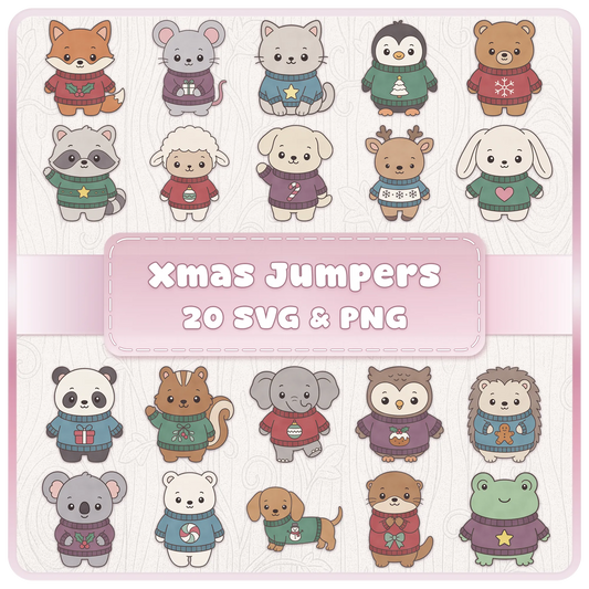 Kawaii Christmas animals SVG and PNG bundle featuring 20 cute festive animals wearing Christmas jumpers including fox, bear, penguin, panda, dog, reindeer, frog and woodland animals.