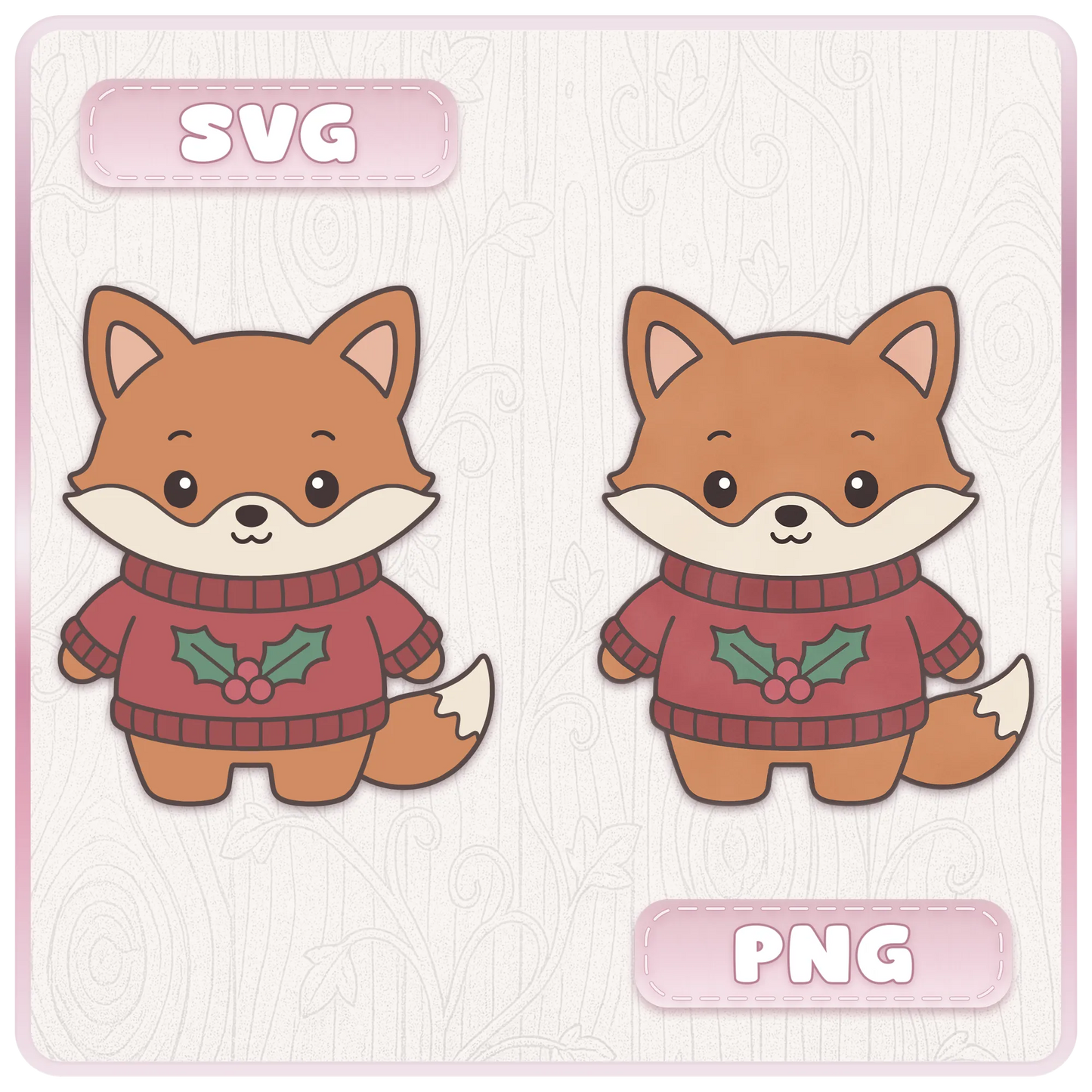 Cute Christmas fox SVG and PNG design comparison showing a kawaii fox wearing a red festive jumper with holly, included in the Christmas animal clipart bundle.