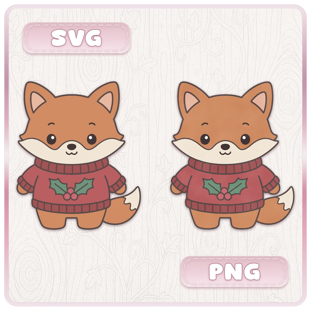 Cute Christmas fox SVG and PNG design comparison showing a kawaii fox wearing a red festive jumper with holly, included in the Christmas animal clipart bundle.