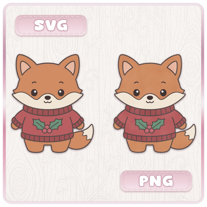 Cute Christmas fox SVG and PNG design comparison showing a kawaii fox wearing a red festive jumper with holly, included in the Christmas animal clipart bundle.