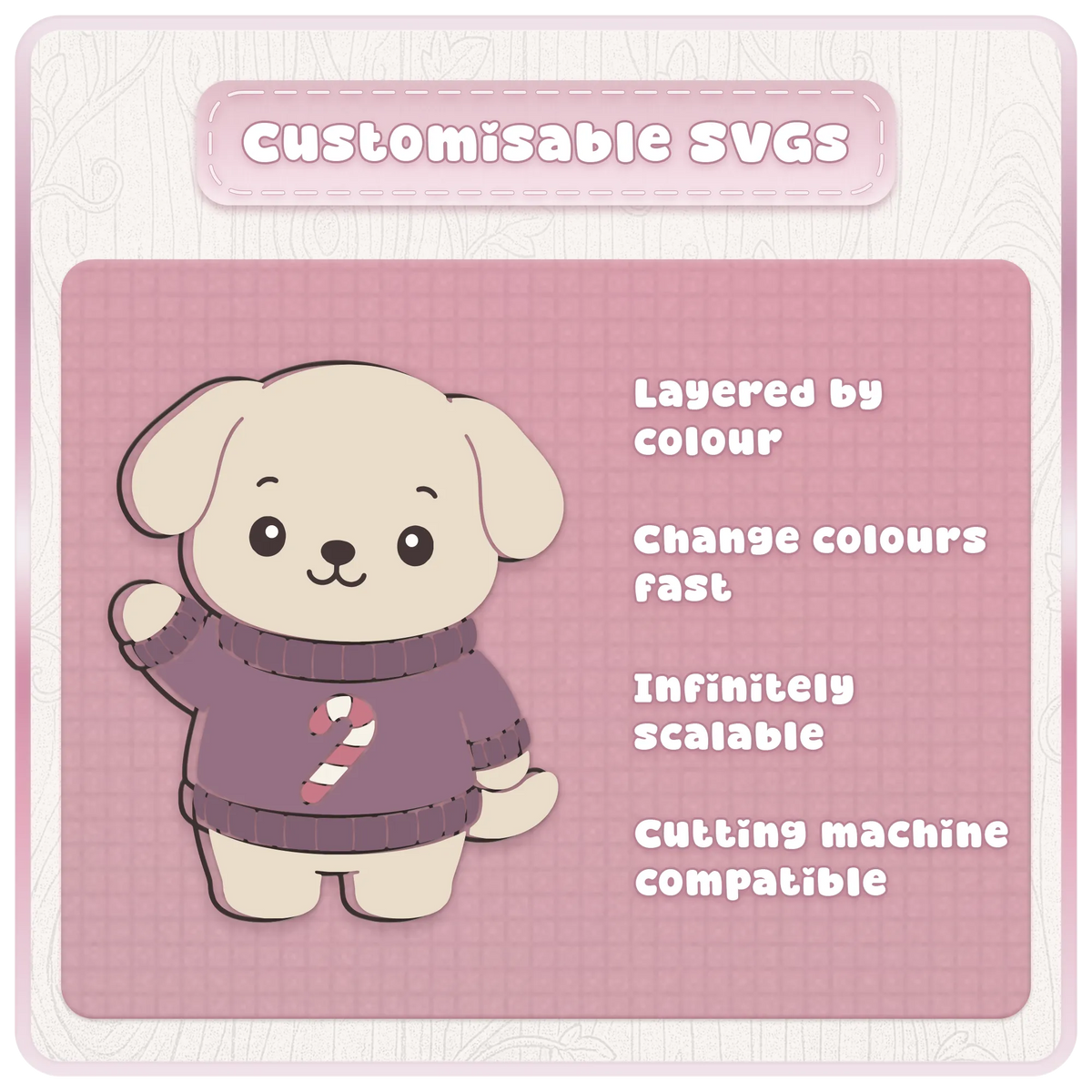 Customisable Christmas animal SVG showing a cute dog in a festive candy cane jumper with layered by colour, editable colours, scalable vector and cutting machine compatible features.