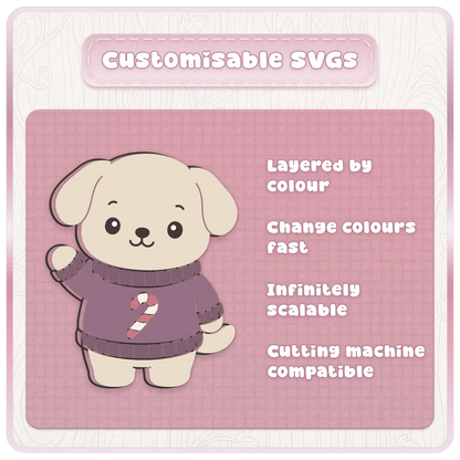 Customisable Christmas animal SVG showing a cute dog in a festive candy cane jumper with layered by colour, editable colours, scalable vector and cutting machine compatible features.