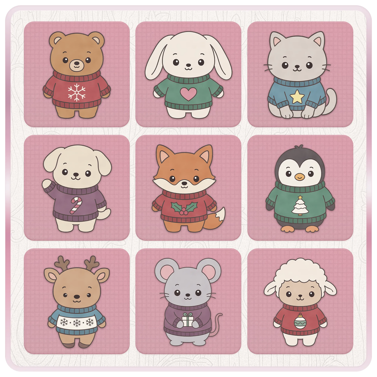 Cute Christmas animal SVG collection featuring bear, rabbit, cat, dog, fox, penguin, reindeer, mouse and sheep wearing festive Christmas sweaters and jumpers.