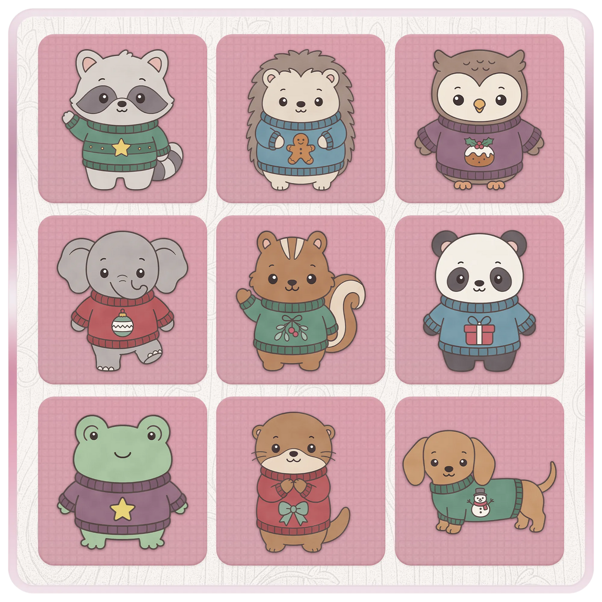 Kawaii Christmas animal clipart collection featuring raccoon, hedgehog, owl, elephant, squirrel, panda, frog, otter and dachshund wearing cute festive jumpers.