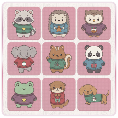 Kawaii Christmas animal clipart collection featuring raccoon, hedgehog, owl, elephant, squirrel, panda, frog, otter and dachshund wearing cute festive jumpers.