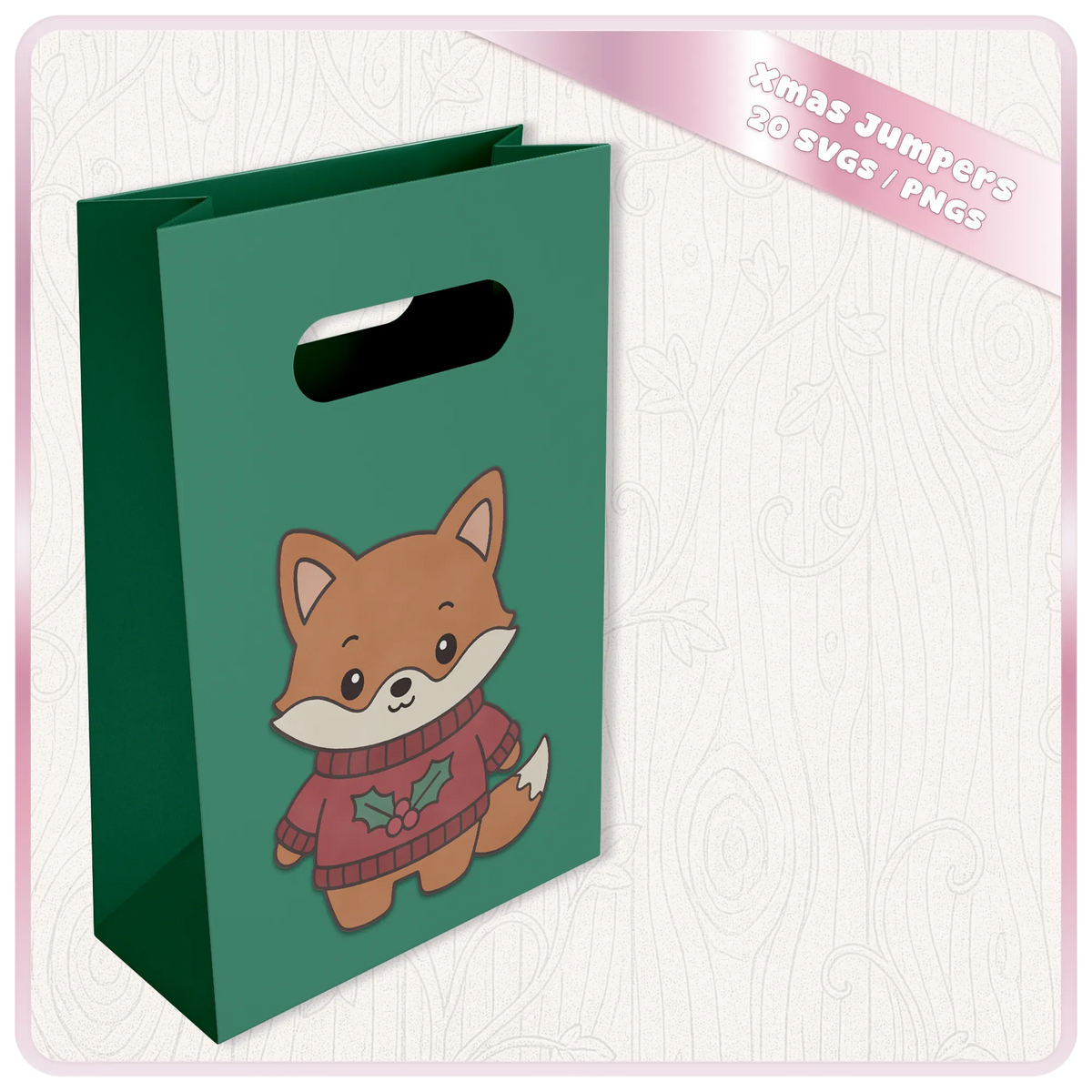 Kawaii Christmas fox SVG displayed on a green gift bag mockup, featuring a cute festive fox wearing a red Christmas jumper with holly decoration.