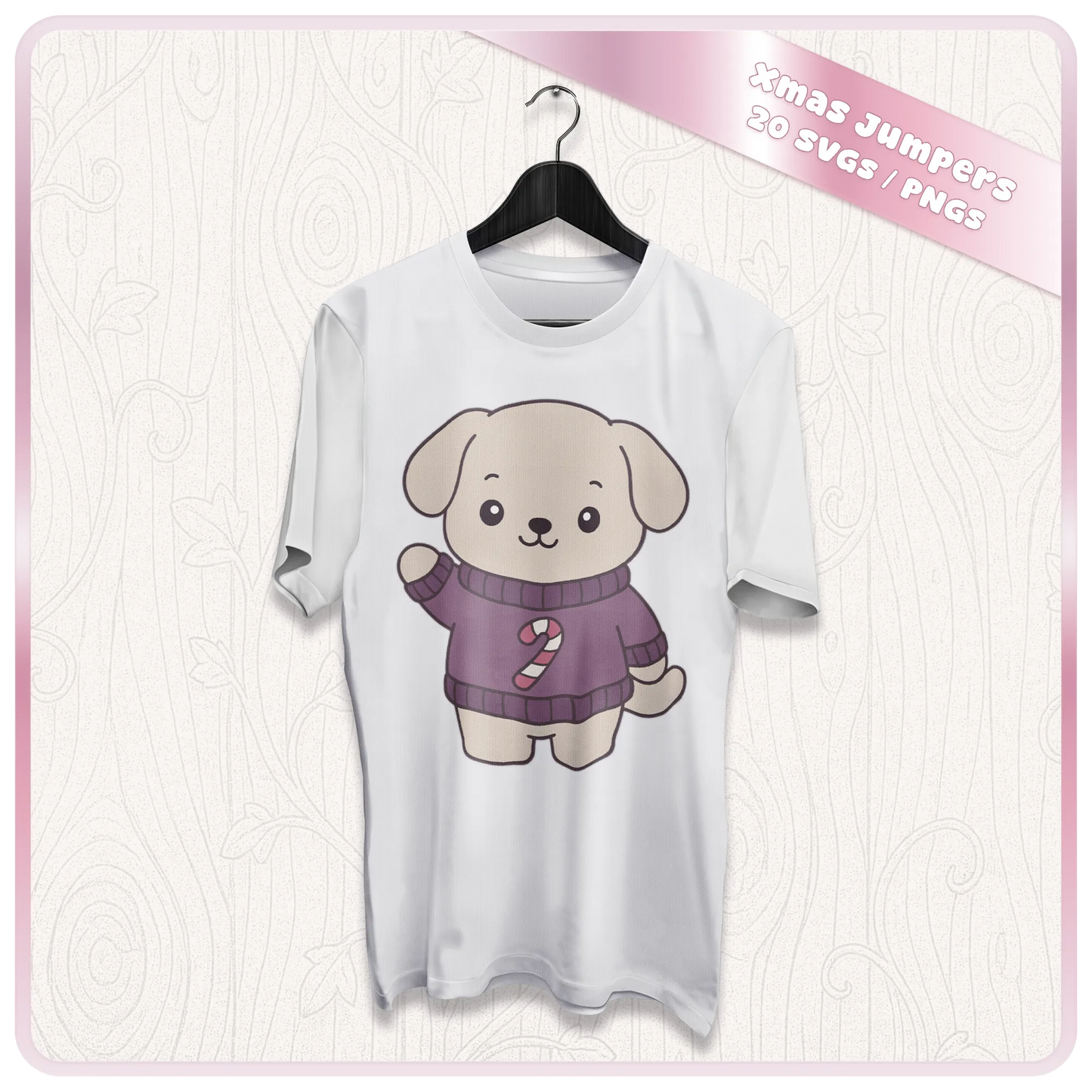 Cute Christmas dog PNG design printed on a white T-shirt mockup, featuring a kawaii puppy wearing a purple festive sweater with candy cane decoration.