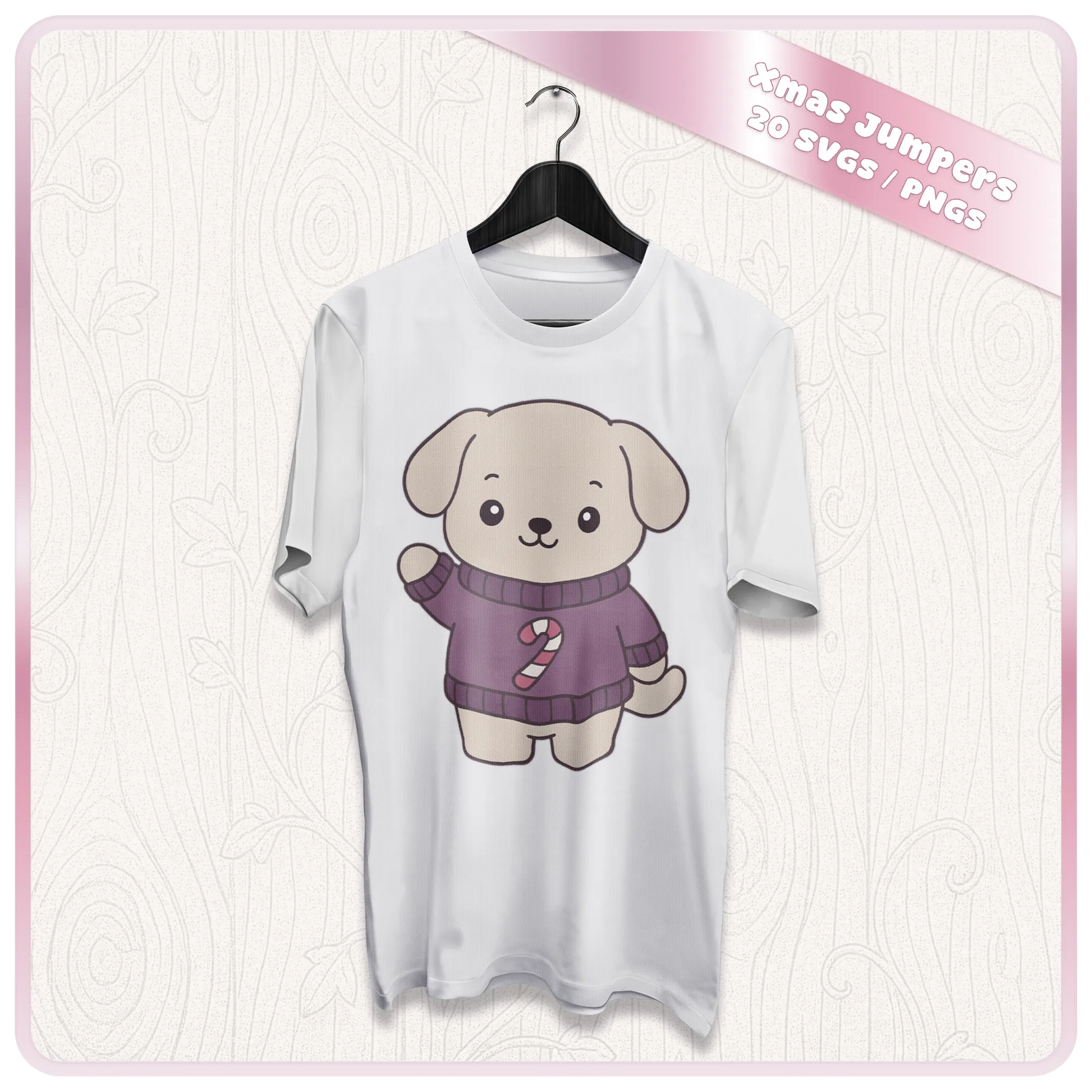 Cute Christmas dog PNG design printed on a white T-shirt mockup, featuring a kawaii puppy wearing a purple festive sweater with candy cane decoration.