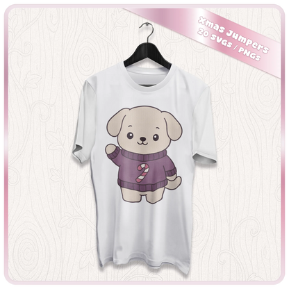Cute Christmas dog PNG design printed on a white T-shirt mockup, featuring a kawaii puppy wearing a purple festive sweater with candy cane decoration.