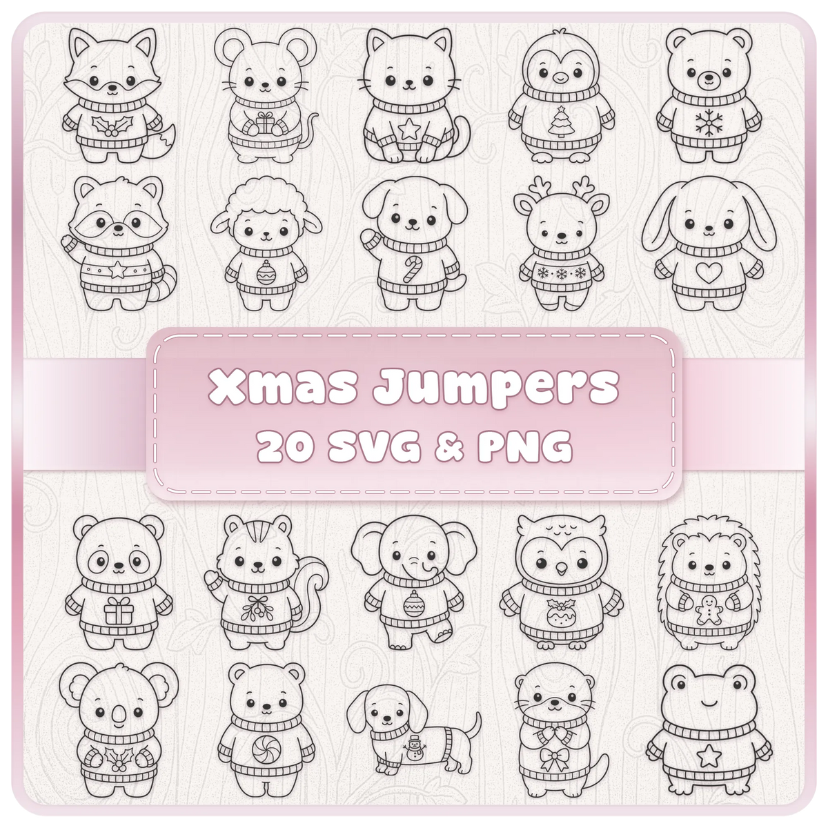 Christmas Animals SVG bundle with 20 cute festive animal designs wearing Christmas jumpers, supplied as SVG and PNG clipart