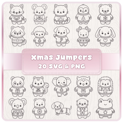 Christmas Animals SVG bundle with 20 cute festive animal designs wearing Christmas jumpers, supplied as SVG and PNG clipart