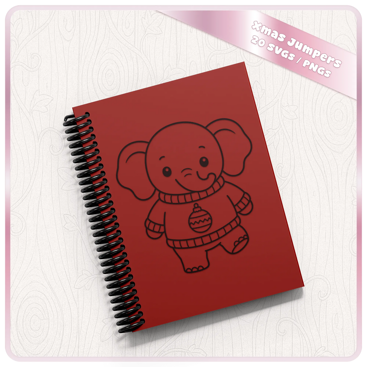 Cute Christmas elephant SVG wearing a festive jumper shown on a red spiral notebook mockup from the Christmas Animals SVG bundle
