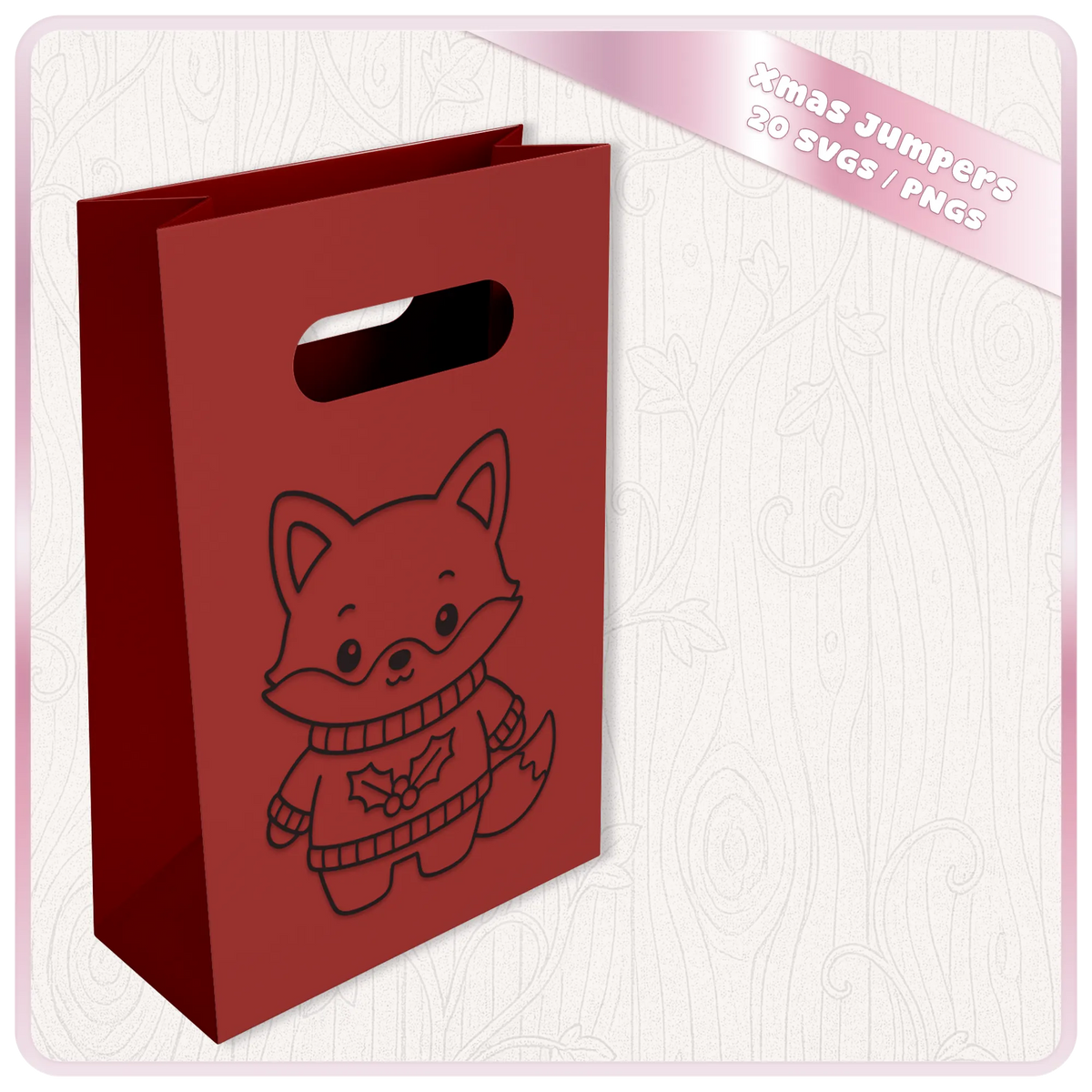 Cute Christmas fox SVG wearing a holly jumper shown on a red gift bag mockup, ideal for festive Cricut and Christmas crafts