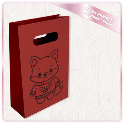 Cute Christmas fox SVG wearing a holly jumper shown on a red gift bag mockup, ideal for festive Cricut and Christmas crafts