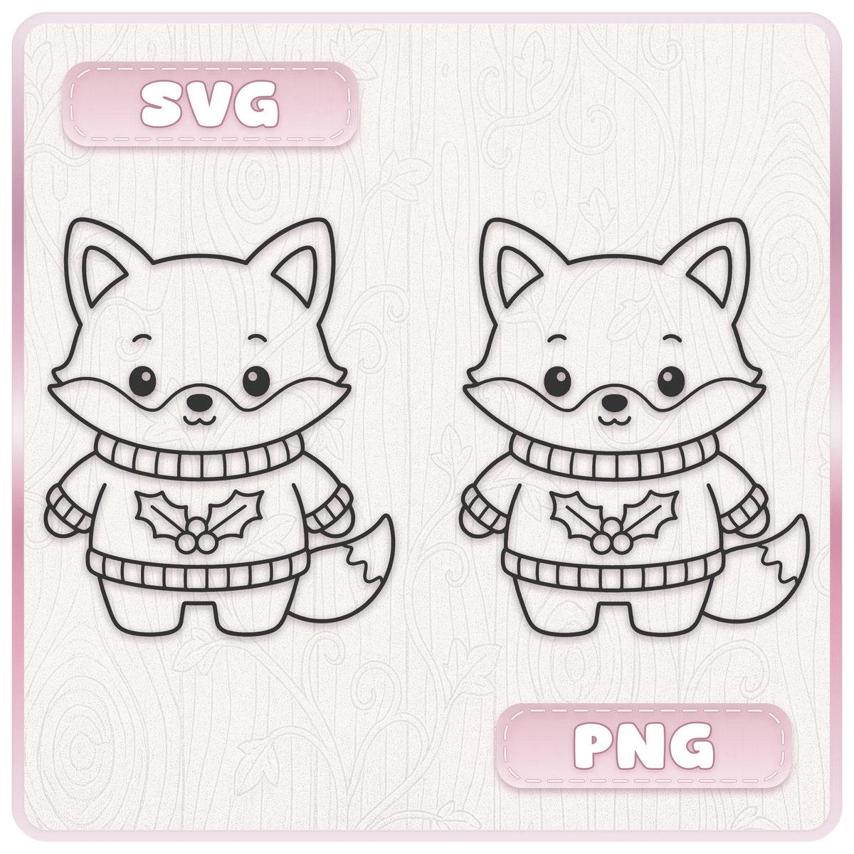 Christmas fox SVG and PNG clipart comparison showing cute fox wearing a festive holly jumper included in the Christmas animal bundle