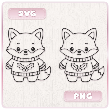Christmas fox SVG and PNG clipart comparison showing cute fox wearing a festive holly jumper included in the Christmas animal bundle