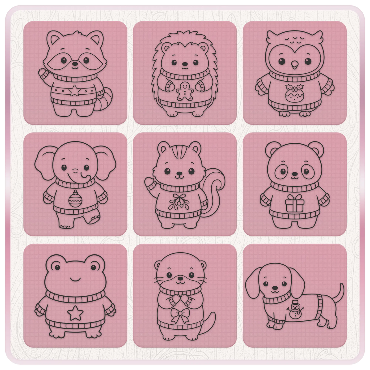 Christmas animal SVG and PNG bundle preview featuring cute raccoon, hedgehog, owl, elephant, squirrel, panda, frog, otter and dachshund designs