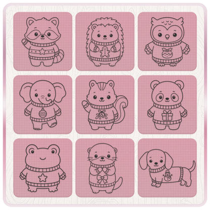 Christmas animal SVG and PNG bundle preview featuring cute raccoon, hedgehog, owl, elephant, squirrel, panda, frog, otter and dachshund designs