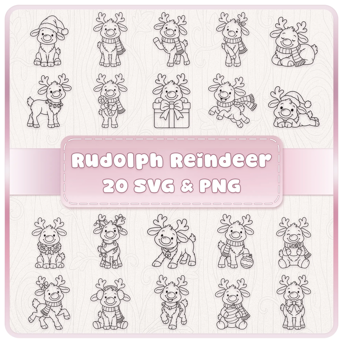 20 cute Rudolph reindeer Christmas line art SVG and PNG clipart designs featuring festive hats, scarves, antlers and holiday accessories.
