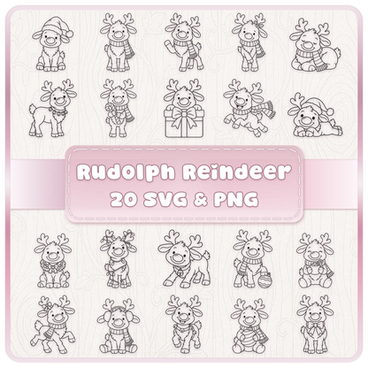 20 cute Rudolph reindeer Christmas line art SVG and PNG clipart designs featuring festive hats, scarves, antlers and holiday accessories.