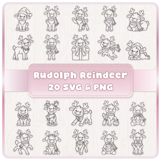 20 cute Rudolph reindeer Christmas line art SVG and PNG clipart designs featuring festive hats, scarves, antlers and holiday accessories.
