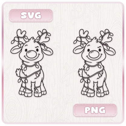 Side-by-side example of a cute Christmas reindeer line art illustration with festive string lights, available in SVG and PNG formats.
