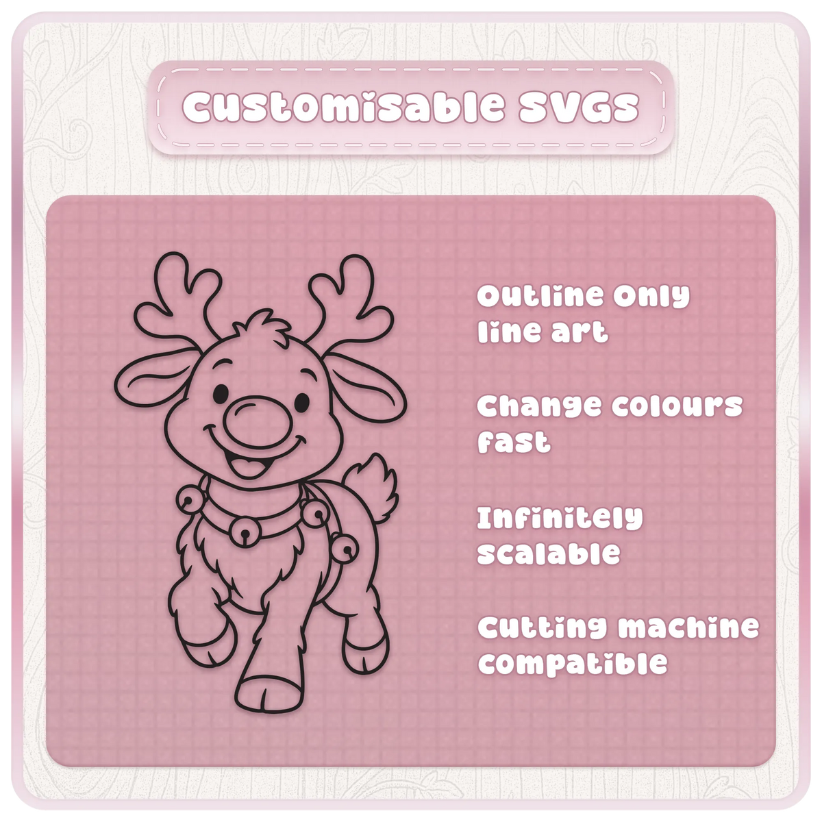 Customisable Rudolph reindeer SVG line art showing a cute reindeer with Christmas bells, editable outlines and scalable cut file design.