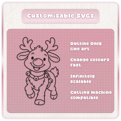 Customisable Rudolph reindeer SVG line art showing a cute reindeer with Christmas bells, editable outlines and scalable cut file design.