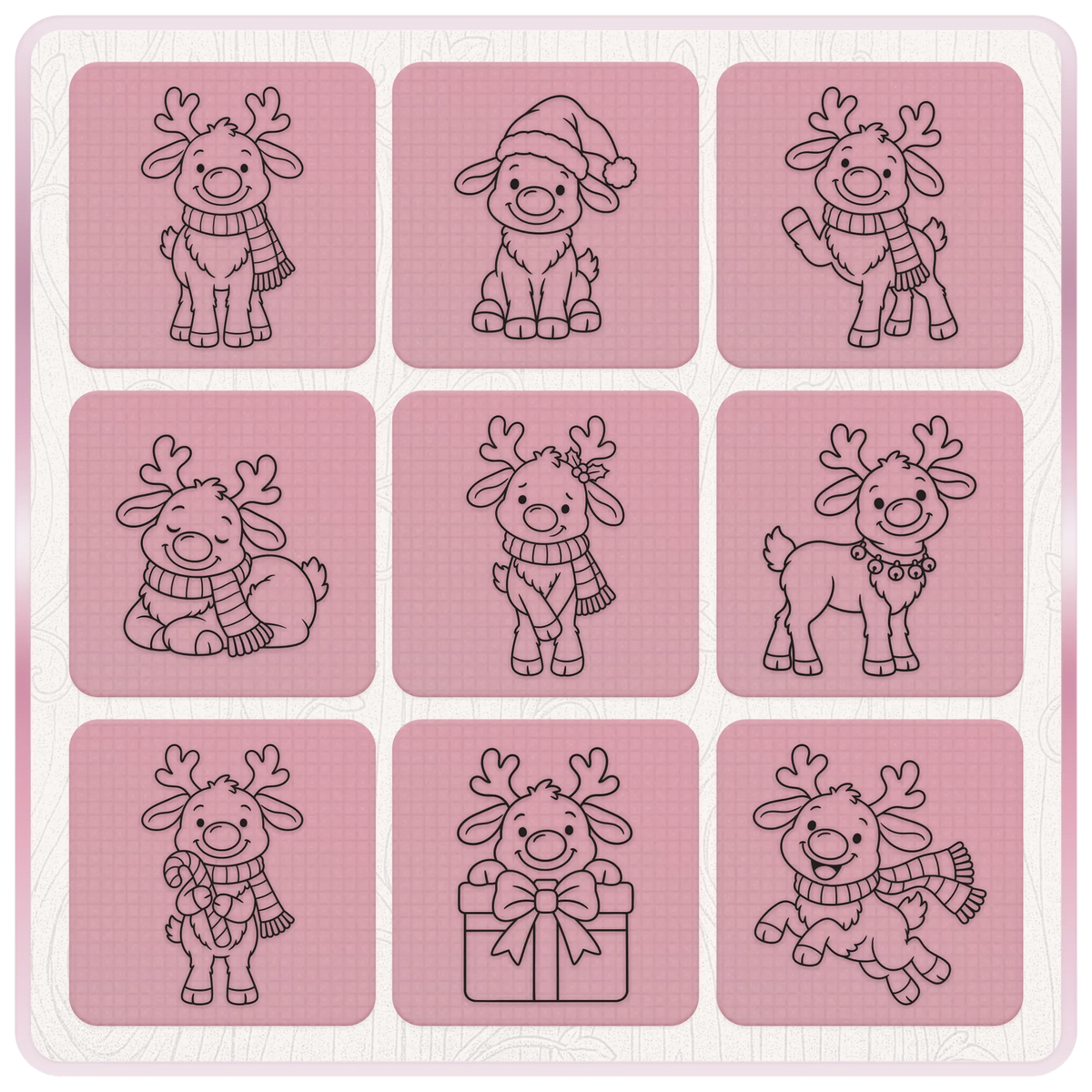 Nine cute Christmas reindeer SVG and PNG outline illustrations with Santa hats, winter scarves, Christmas lights, candy cane and gift box.