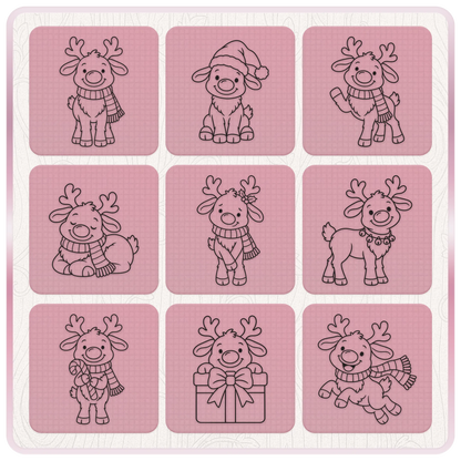 Nine cute Christmas reindeer SVG and PNG outline illustrations with Santa hats, winter scarves, Christmas lights, candy cane and gift box.